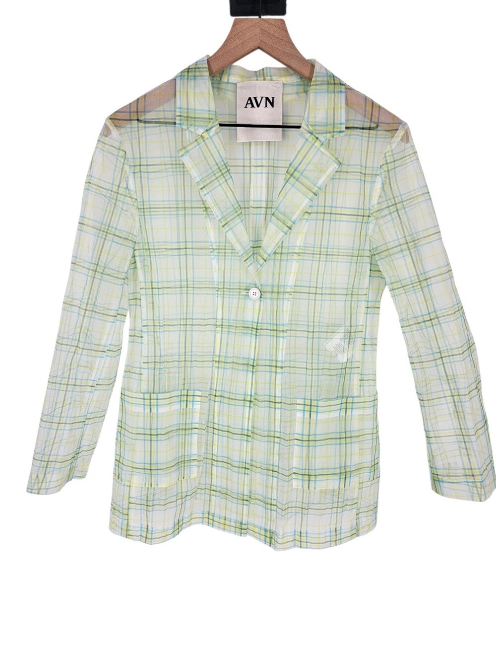 AVN Italy Plaid Structured Sheer Organza Single Button Blazer